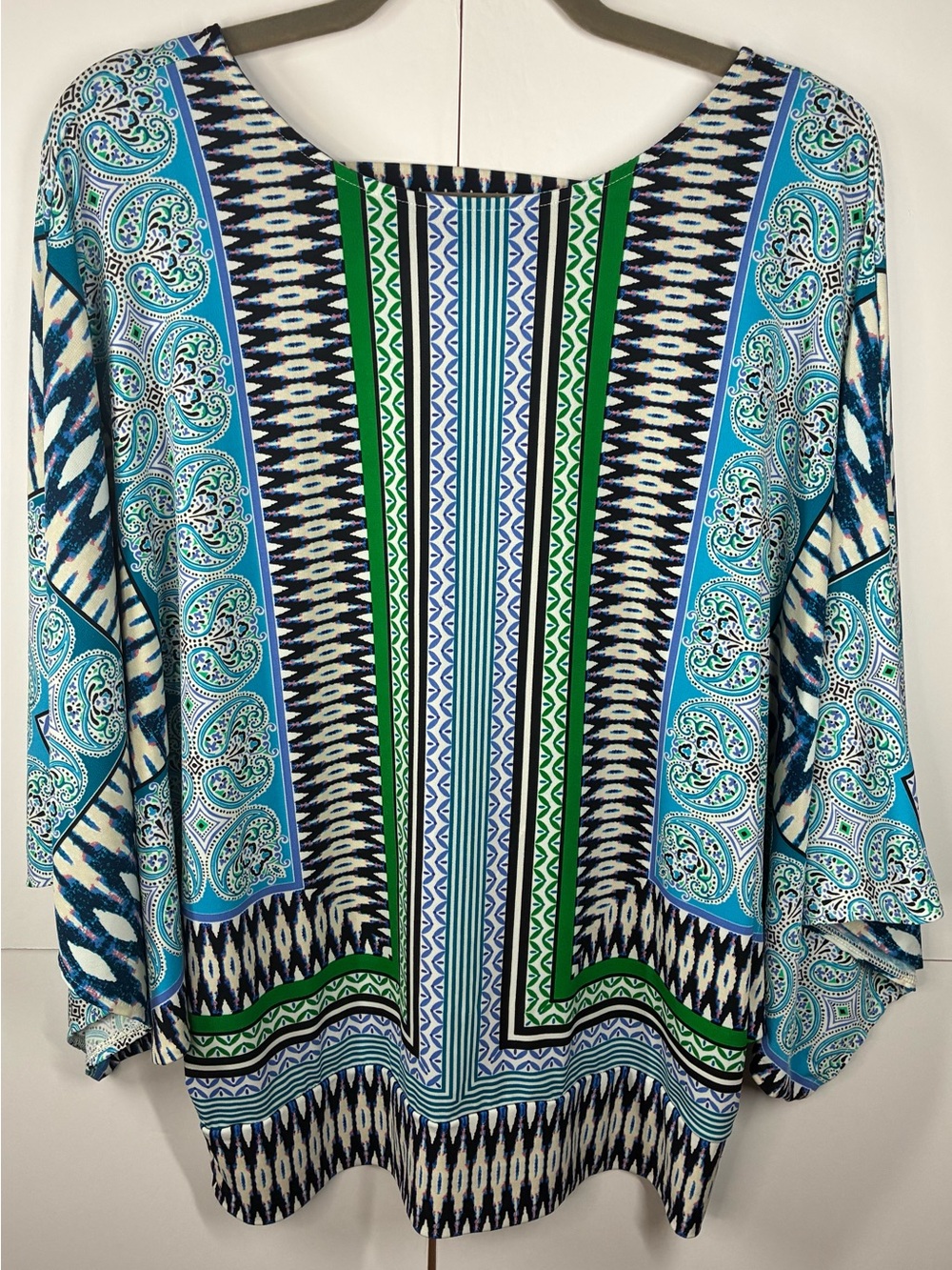 Chico’s Blue Paisley Geometric Border Print Blouse Top Size 1